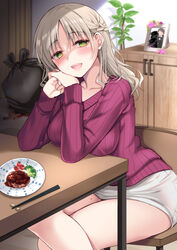  blood blood_stain blush braid breast_rest breasts breasts_on_table chopstick_rest chopsticks commentary crossed_legs death drawing_(object) female food green_eyes heart heart-shaped_pupils horror_(theme) ikura_nagisa implied_murder indoors light_brown_hair long_sleeves looking_at_viewer meat medium_hair mole mole_on_thigh mole_under_eye original parted_bangs picture_frame plate red_sweater ribbed_sweater sitting solo sweater symbol-shaped_pupils table trash_bag yandere 