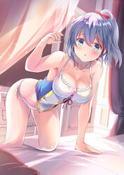  :o bare_arms bare_legs bed blue_eyes blush botanzuru_(flower_knight_girl) bow breasts cleavage collarbone curtains female flower_knight_girl grey_hair hairbow high_ponytail indoors large_breasts lingerie looking_at_viewer open_mouth panties photoshop_(medium) ponytail red_bow satou_satoru short_hair side-tie_panties solo underwear white_panties 