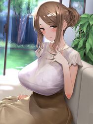  absurdres blush bra bra_visible_through_clothes breasts brown_hair brown_skirt couch drawing_(object) earrings female from_side grass hair_bun hand_on_own_chest high-waist_skirt highres hima indoors jewelry large_breasts long_skirt looking_at_viewer mature_female original outdoors picture_frame plant purple_bra screen_door shirt short_sleeves sidelocks sitting skirt smile solo tree underwear white_shirt window 