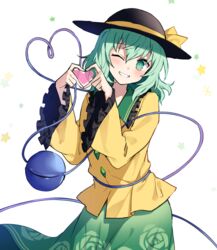  blush bow collared_shirt commentary eyeball female floral_print frilled_shirt_collar frilled_sleeves frills green_eyes green_hair green_skirt happy hat hat_bow hat_ribbon heart heart_hands heart_of_string kaminokefusa komeiji_koishi long_sleeves looking_at_viewer one_eye_closed ribbon shirt skirt solo standing star_(symbol) third_eye touhou wavy_hair white_background wide_sleeves yellow_ribbon yellow_shirt 