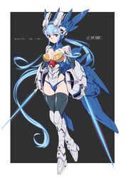  armor artist_name beam_saber blue_hair breasts cleavage dated dual_wielding energy_sword female full_body g-saviour_gundam green_eyes gundam gundam_g-saviour highres holding large_breasts long_hair looking_at_viewer low_ponytail mecha_musume michi_kuso ponytail sidelocks solo standing sword very_long_hair weapon 