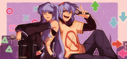  1boy :d ;) arrow_(symbol) artist_name black_footwear black_legwear black_shirt black_skirt blue_eyes blue_hair boots boyfriend_(friday_night_funkin&#039;) cityscape detached_sleeves eyebrows_visible_through_hair female friday_night_funkin&#039; hatsune_miku highres holding holding_microphone layered_clothing linmiee long_hair long_sleeves microphone one_eye_closed open_mouth pants pleated_skirt purple_pants red_headwear shirt short_hair short_sleeves skirt sleeveless sleeveless_shirt smile t-shirt tareme thighhighs twintails vocaloid white_shirt wide_sleeves zettai_ryouiki 