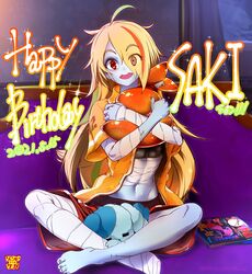  abs ahoge bandages barefoot blonde_hair blue_skin canine colored_skin commentary_request couch earrings feet female hair_over_one_eye happy_birthday highres indian_style jacket jewelry light_green_hair long_hair looking_at_viewer multicolored_hair nikaidou_saki open_clothes open_jacket open_mouth orange_hair red_eyes romero_(zombie_land_saga) scar scar_on_cheek scar_on_face shorts sitting solo streaked_hair toenails toes yakibuta_(shimapow) zombie zombie_land_saga 