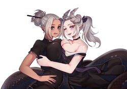  2girls anna_(4kkc) asymmetrical_docking awee black_dress borrowed_character breast_press breasts cleavage collarbone dark-skinned_female dark_skin demon_girl demon_horns dress english_commentary grey_hair hair_bun hair_ornament hair_stick highres horns lamia large_breasts licking_lips looking_at_viewer monster_girl multiple_girls one_eye_closed open_mouth original pointy_ears ponytail purple_eyes second-party_source single_hair_bun smile tongue tongue_out white_background 