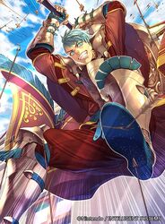  1boy armored_boots arrow_(projectile) axe blue_eyes blue_hair boots caspar_von_bergliez cloud commentary_request fingerless_gloves fire_emblem fire_emblem:_three_houses fire_emblem_cipher gloves male_focus manly official_art rain_of_arrows sky solo teeth yoneko_okome 