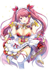  alternate_costume apron back_bow black_panties bow bowtie braid breasts cleavage cowboy_shot cowslip_(flower_knight_girl) enmaided female flower flower_knight_girl frilled_apron frills hairbow large_breasts layered_skirt long_hair maid maid_headdress name_connection object_namesake panties petals plaid plaid_skirt red_bow red_footwear red_hair red_skirt satou_satoru shiny_skin shoes side_braid simple_background skirt solo standing standing_on_one_leg thighhighs twintails underwear white_apron white_background white_bow white_thighhighs wrist_cuffs yellow_bow 