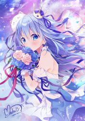  angora_rabbit animal apron artist_name bad_id bad_pixiv_id blue_eyes blue_flower blue_hair blue_rose blue_skirt blush bouquet comiket_99 commentary_request covered_mouth crown detached_sleeves female flower gochuumon_wa_usagi_desu_ka? hair_between_eyes hair_ornament hair_ribbon highres holding holding_bouquet kafuu_chino long_hair mini_crown mocha_(naturefour) puffy_short_sleeves puffy_sleeves purple_flower purple_ribbon purple_rose rabbit ribbon rose shirt short_sleeves skirt tilted_headwear tippy_(gochiusa) two_side_up very_long_hair waist_apron white_apron white_shirt white_sleeves x_hair_ornament 