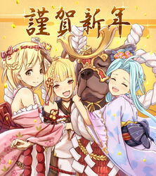  3girls animal_ears blonde_hair blue_hair brown_eyes canine closed_eyes commentary_request djeeta_(granblue_fantasy) dog_ears dog_girl dress erune floral_print garjana granblue_fantasy hair_ornament hairband japanese_clothes kimono long_hair looking_at_viewer lyria_(granblue_fantasy) midorinocha multiple_girls new_year obi pink_hairband print_kimono sash short_hair smile vajra_(granblue_fantasy) white_dress yukata 