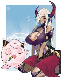  bare_shoulders breasts cleavage cleavage_cutout clothing_cutout commission crossover dark-skinned_female dark_skin eyeshadow female fire_emblem fire_emblem_engage hair_over_one_eye highres horns huge_breasts ihsnet jigglypuff lips makeup microphone music navel pointy_ears pokemon seiza singing sitting sleeping sound_wave watermark white_hair zephia_(fire_emblem) 