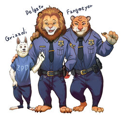  anthro arm_around_shoulders badge bottomwear brown_body brown_eyes brown_fur canid canine canis claws clothed clothing disney felid front_view fur group hand_in_pocket hand_on_shoulder hasegawa-yu lion looking_at_another male mammal necktie officer_delgato officer_fangmeyer officer_grizzoli open_mouth open_smile orange_body orange_fur pantherine pants pawpads pockets police police_uniform shirt simple_background smile standing striped_body striped_fur stripes t-shirt tiger topwear uniform whiskers white_background white_body white_fur wolf zootopia 