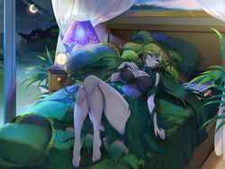  bed bishoujo_senshi_sailor_moon bishoujo_senshi_sailor_moon_crystal breasts city cleavage dark_green_hair dress female highres lamp large_breasts lebachqui126 long_hair looking_at_viewer lying moon night on_back tellu_(sailor_moon) witches_5 