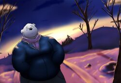  2019 alfredblaze anthro bear bottomwear clothing detailed_background fur male mammal outside overweight overweight_anthro overweight_male pants polar_bear scarf snow solo sweater topwear ursine white_body white_fur 