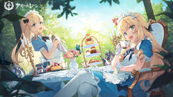  2girls :d apron azur_lane black_bow blonde_hair blue_butterfly blue_dress blue_eyes blue_sky blunt_bangs blurry bow bug butterfly cake cake_slice candelabra candle candlestand chair commentary copyright_name croissant crossed_legs crown cup day depth_of_field dress drinking_glass flower food frilled_apron frilled_dress frilled_gloves frills fruit_tart gloves grey_butterfly hairbow hand_on_own_arm highres holding holding_cup holding_tray icarus_(at_your_service)_(azur_lane) icarus_(azur_lane) jam logo long_hair looking_at_viewer macaron maid maid_headdress mini_crown multicolored_butterfly multiple_girls oerba_yun_fang official_alternate_costume official_art open_mouth outdoors pantyhose pastry queen_elizabeth_(azur_lane) queen_elizabeth_(yes_your_maidness!)_(azur_lane) ringlets saucer sitting skin_fang sky smile standing sunlight symbol-only_commentary table tart_(food) teacup teapot tiered_tray tray ttosom vase wavy_hair white_apron white_bow white_gloves white_pantyhose wine_glass 