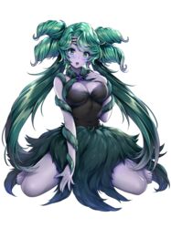  bare_legs barefoot bishoujo_senshi_sailor_moon bishoujo_senshi_sailor_moon_crystal breasts choker cleavage colored_skin dark_green_hair dress earrings female grass_skirt green_eyes heart heart-shaped_pupils highres jewelry large_breasts lebachqui126 purple_skin skirt solo symbol-shaped_pupils tellu_(sailor_moon) thorns witches_5 