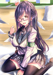  :o armband black_thighhighs blush braid breasts brown_eyes female glasses hand_up highres indoors large_breasts long_hair long_sleeves looking_at_viewer necktie original papers plaid plaid_skirt safety_pin school_uniform single_thighhigh sitting skirt solo thighhighs tsukasa_tsubasa uniform wariza 