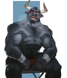  2019 abs anthro bandage biceps big_muscles biped black_eye_(injury) body_hair bovid bovine bruised cattle clothed clothing curtis_wuedti facial_hair goatee hair happy_trail horn male mammal muscular muscular_anthro muscular_male navel obliques pecs sitting smile solo topless triceps underwear vein veiny_muscles wounded 