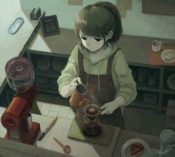  apron barista brown_apron brown_hair coffee coffee_filter coffee_grinder commentary cup female food from_above green_hoodie holding hood hoodie indoors kensight328 light_smile muted_color original pie pie_slice plate ponytail pouring sleeves_rolled_up solo standing 