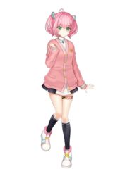  black_socks caopy123 cardigan female full_body game_club_project green_eyes hair_ornament highres long_hair long_sleeves looking_at_viewer pink_cardigan pink_hair sakuragi_miria school_uniform smile socks solo twintails virtual_youtuber 