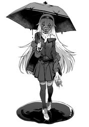  bianca_(black_survival) black_survival blood blood_bag choker cross cross_necklace female fishnet_pantyhose fishnets full_body greyscale highres holding holding_umbrella jacket jacket_partially_removed jewelry long_sleeves looking_at_viewer mask miniskirt mnnnya monochrome mouth_mask necklace off_shoulder pantyhose pleated_skirt pool_of_blood print_mask shirt shoes simple_background skirt solo standing thighhighs umbrella walking white_background 