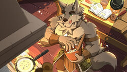  absurd_res anthro armor bacon blueberry_(fruit) blush bowl canid canine canis cheek_tuft chest_tuft clawed_fingers clothed clothing container cooking cookware detailed_background facial_tuft fangs far_beyond_the_world_(series) food fruit frying_pan fur green_eyes hi_res jewelry kitchen_utensils licking licking_lips male mammal meat multicolored_body multicolored_fur muscular muscular_anthro muscular_male nackzek neck_tuft nipples pancake partially_clothed pendant plant ranok_(far_beyond_the_world) solo teeth tongue tongue_out tools topless topless_anthro topless_male tuft two_tone_body two_tone_fur wolf 