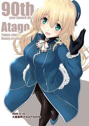  artist_name ascot atago_(kancolle) beret black_gloves black_pantyhose blonde_hair blue_footwear blue_hat blush breasts character_name dated female frills from_above fur_collar gloves green_eyes hair_between_eyes hand_up hat high_heels kagutsuchi_(victoragna) kantai_collection large_breasts long_hair long_sleeves looking_at_viewer looking_up military military_uniform open_mouth pantyhose shirt skirt smile solo uniform white_ascot white_shirt 