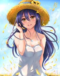  arm_behind_back bare_shoulders blue_hair blush breasts ca_ba_ya_ki cleavage commentary_request day dress female floating_hair flower hair_between_eyes hand_in_own_hair hat highres jewelry long_dress long_hair looking_at_viewer love_live! love_live!_school_idol_project necklace open_mouth outdoors sky sleeveless sleeveless_dress small_breasts smile solo sonoda_umi standing straw_hat sun_hat sundress sunflower white_dress wind yellow_eyes 