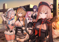  5girls :o absurdres anis_(nikke) assault_rifle bad_id bad_pixiv_id bandolier belt beret black_choker blue_neckerchief breasts brown_hair bullpup choker cleavage counters_(nikke) fingerless_gloves glasses gloves goddess_of_victory:_nikke green_eyes grenade_launcher grey_hair grin gun hat highres holding holding_gun holding_weapon large_breasts long_hair looking_at_another looking_at_viewer md5_mismatch mihara_(nikke) militaria_(nikke) military milkor_mgl miniskirt multiple_girls neckerchief necktie neon_(nikke) outdoors pink_hair pleated_skirt purple_eyes purple_hair rapi_(nikke) red_eyes red_necktie rifle sailor_collar short_hair short_shorts shorts shotgun single_fingerless_glove skirt sky smile standard_manufacturing_dp-12 straight_hair strap sunset thigh_strap thighs towrituka wardress_(nikke) weapon yuni_(nikke) zettai_ryouiki 