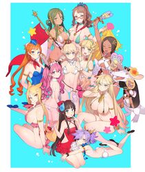  6+girls abe_no_seimei_(eiyuu_senki) animal_ears aristotle_(eiyuu_senki) ashoka_(eiyuu_senki) ass bikini bow breasts choker crocodile crocodilian dark-skinned_female dark_skin date_masamune_(eiyuu_senki) eiyuu_senki eiyuu_senki_ww eyepatch flat_chest fox_ears fox_tail gilgamesh_(eiyuu_senki) glasses hair_bun hairbow hand_fan highres himiko_(eiyuu_senki) hunefer_(eiyuu_senki) jeanne_d&#039;arc_(eiyuu_senki) king_arthur_(eiyuu_senki) large_breasts maid_headdress medium_breasts micro_bikini multiple_girls napoleon_bonaparte_(eiyuu_senki) neckerchief paper_fan side-tie_bikini_bottom single_hair_bun sir_ector_(eiyuu_senki) small_breasts swimsuit tail tutankhamun_(eiyuu_senki) twintails uchiwa ygcn 