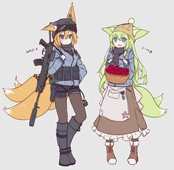  2girls ammunition_pouch animal_ears apple apron basket beanie black_scarf black_shirt black_shorts blonde_hair blue_jacket boots brown_footwear brown_headwear brown_legwear brown_skirt chest_rig combat_helmet commentary_request cross-laced_footwear ears_through_headwear folding_stock food fox_ears fox_girl fox_tail frilled_skirt frills fringe_trim fruit full_body goggles goggles_on_headwear green_hair grey_background grey_footwear grey_headwear grey_scarf grey_shirt gun gun_sling hat helmet holding holding_basket holding_gun holding_weapon jacket kitsune knee_boots long_hair multiple_girls multiple_tails original pantyhose pantyhose_under_shorts pocket pouch red_apple rifle scarf scissors shirt short_shorts shorts simple_background skirt sks standing suppressor surume_aburi tail translation_request unaligned_ears very_long_hair waist_apron weapon white_apron white_footwear 