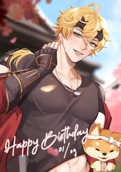  1boy abs archieloras blonde_hair canine genshin_impact gloves green_eyes hair_between_eyes happy_birthday headband highres jewelry long_hair male_focus midriff muscular muscular_male necklace ponytail shiba_inu smile stomach taroumaru_(genshin_impact) thoma_(genshin_impact) 