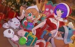  1boy 2girls :d amumu antlers breasts brown_gloves christmas christmas_present cleavage closed_eyes commentary creature doughnut fake_antlers fireplace food furry furry_female gift gloves green_eyes grin hat highres horns indie_virtual_youtuber indoors kneeling league_of_legends lolicon medium_breasts mittens multiple_girls nunu_(league_of_legends) podone pom_pom_(clothes) poppy_(league_of_legends) poro_(league_of_legends) purple_hair re-gifted_amumu red_gloves red_skirt red_vest santa_hat short_hair signature skirt smile snow_fawn_poppy sparrowl symbol-only_commentary twintails vest virtual_youtuber 