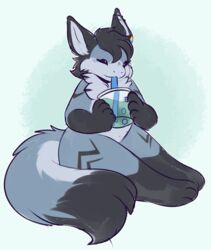  anthro beverage black_body black_ears black_fur black_hair black_tail cheek_tuft dragon drinking drinking_straw facial_tuft fur fur_tuft furred_dragon furred_scalie gloves_(marking) grey_body grey_fur grey_inner_ear grey_tail hair holding_object leg_markings lumikin male markings mythological_creature mythological_scalie mythology nude scalie socks_(marking) solo tail tuft yukikitty 