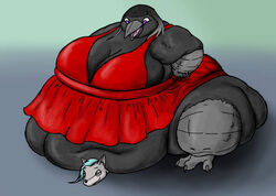  anthro avian beak bird black_body black_feathers blue_hair clothing corvid corvus_(genus) dress duo feathers female female/female flabby hair immobile morbidly_obese morbidly_obese_anthro obese obese_anthro oscine overweight overweight_anthro passerine purple_eyes purpletophatter raven smothering 