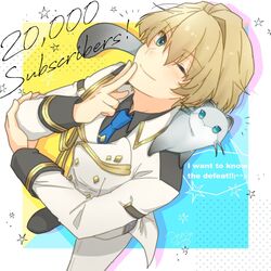  1boy animal black_shirt blonde_hair blue_necktie blush closed_mouth commentary_request english_text ferret hiyamaru holostars kishido_temma kishido_temma_(1st_costume) long_sleeves looking_at_viewer male_focus minakami_hiro necktie one_eye_closed shirt smile standing virtual_youtuber 