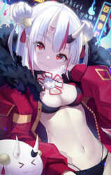  &gt;_&lt; bell bikini bikini_under_clothes black_bikini black_choker blue_fire breasts character_name chinese_commentary choker cleavage closed_eyes closed_mouth commentary double_bun fangs fangs_out female fire floral_print fur-trimmed_jacket fur_trim hair_bell hair_bun hair_ornament hand_up highleg highleg_bikini highres hitodama hitokuchii hololive horns jacket jingle_bell layered_bikini long_hair long_sleeves looking_at_viewer medium_breasts multicolored_hair nakiri_ayame navel neon_lights oni open_clothes open_jacket photoshop_(medium) poyoyo_(nakiri_ayame) print_bikini puffy_long_sleeves puffy_sleeves red_eyes red_hair red_jacket skin-covered_horns sleeves_past_wrists solo_focus streaked_hair swimsuit two_side_up virtual_youtuber white_hair 