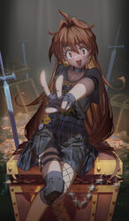  absurdres ahoge alternate_costume belt black_shirt blush brown_eyes brown_hair casual chains choker earrings female fingerless_gloves fishnet_pantyhose fishnets gloves gold hair_between_eyes heart heart_choker highres hironii_(hirofactory) jewelry lina_inverse long_hair looking_at_viewer megadeth oerba_yun_fang pantyhose plaid plaid_skirt shirt single_leg_pantyhose skirt slayers smile solo sword thigh_strap treasure_chest v very_long_hair weapon 