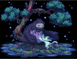  2016 ambiguous_gender black_body black_fur digital_media_(artwork) duo fur grass guardian_spirit letterbox microsoft moon_studios naru_(ori) ori_(ori) ori_(series) pixel_(artwork) plant shigeruarsw smile tree unknown_species water white_body white_fur xbox_game_studios 