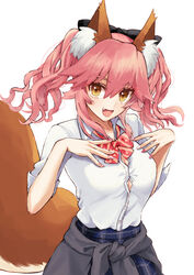  animal_ear_fluff animal_ears black_bow blue_skirt blush bow bowtie breasts clothes_around_waist collared_shirt commentary_request dress_shirt fate/extra fate_(series) female fox_ears fox_girl fox_tail hairbow large_breasts long_hair looking_at_viewer merokonbu0 oerba_yun_fang official_alternate_costume open_mouth pink_hair red_bow red_bowtie shirt sidelocks simple_background skirt sleeves_rolled_up smile solo striped_bow striped_bowtie striped_clothes tail tamamo_(fate) tamamo_no_mae_(fate/extra) tamamo_no_mae_(jk)_(fate) twintails white_background white_shirt yellow_eyes 