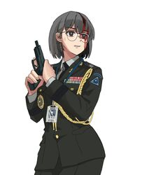  aiguillette bad_id bad_pixiv_id black_eyes black_hair black_necktie blood blood_on_face buttons closed_mouth daewoo_k5 female glasses green_jacket green_skirt gun handgun highres holding holding_gun holding_weapon id_card injury jacket long_sleeves looking_at_viewer military military_jacket military_uniform necktie open_mouth original police reloading republic_of_korea_army ribbon_bar shirt short_hair simple_background skirt sweatdrop teeth trigger_discipline uniform wani_(perfect_han) weapon white_background white_shirt 