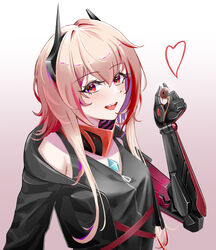  absurdres bad_id bad_pixiv_id black_jacket black_shirt blood blood_on_arm blush breasts check_commentary chinese_commentary commentary_request eyeball female girls&#039;_frontline headset heart highres holding_eye holding_eyeball horns jacket long_hair looking_at_viewer m4_sopmod_ii_(girls&#039;_frontline) m4_sopmod_ii_(mod3)_(girls&#039;_frontline) mechanical_arms mechanical_horns medium_breasts multicolored_hair one_smoke open_clothes open_jacket open_mouth pink_hair red_eyes shirt simple_background single_mechanical_arm smile solo streaked_hair teeth upper_body upper_teeth_only 