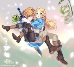  1boy artist_name blonde_hair blue_eyes blush braid breasts carrying champion&#039;s_tunic_(zelda) commentary earrings english_commentary female gloves green_eyes jewelry lazoomaiga link long_hair open_mouth pointy_ears princess_carry princess_zelda signature smile the_legend_of_zelda the_legend_of_zelda:_breath_of_the_wild 