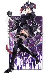  2b_(nier:automata) 2b_(nier:automata)_(cosplay) animal_ears black_dress black_footwear black_gloves black_hair black_thighhighs boots braid breasts cat_ears cat_tail commentary commission cosplay dress facial_mark female final_fantasy final_fantasy_xiv from_below gloves high_heel_boots high_heels holding long_sleeves looking_at_viewer medium_breasts medium_hair miqo&#039;te multicolored_hair nier:automata nier_(series) ponytail puffy_sleeves red_hair rirene_rn smile solo tail thigh_boots thighhighs thighhighs_under_boots two-tone_hair warrior_of_light_(ff14) yellow_eyes 