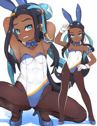  aged_down animal_ears arm_up arms_behind_head arms_up black_hair blue_bow blue_bowtie blue_eyes blue_footwear blue_hair blush bow bowtie breasts brown_legwear collar colored_shadow commentary_request dark-skinned_female dark_skin detached_collar fake_animal_ears female forehead garoudo_(kadouhan&#039;i) gloves hand_on_own_hip high_heels leotard long_hair multicolored_hair multiple_views nessa_(pokemon) pantyhose parted_lips playboy_bunny pokemon pokemon_swsh rabbit_ears shadow shoes small_breasts spread_legs squatting standing strapless strapless_leotard two-tone_hair very_long_hair white_background white_collar white_gloves white_leotard wing_collar 