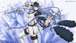  akame_ga_kill! blue_eyes blue_hair boots breasts chains chest_tattoo choker cleavage esdeath female hair_between_eyes hat highres ice kizuchi_r large_breasts long_hair military military_uniform peaked_cap rapier smile solo sword tattoo thigh_boots thighhighs uniform very_long_hair weapon 