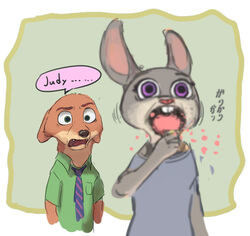  anthro border brown_body brown_fur buckteeth canid canine clothed clothing dialogue disney duo eating ellipsis english_text food fox fur green_eyes grey_body grey_fur hasegawa-yu holding_food holding_object japanese_text judy_hopps lagomorph leporid mammal necktie nick_wilde open_mouth pink_nose popsicle purple_eyes rabbit red_fox shirt shocked speech_bubble t-shirt tan_body tan_fur teeth text topwear true_fox white_border zootopia 