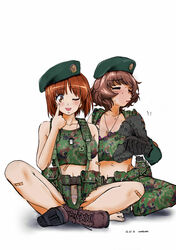  2girls ;p akanbe akiyama_yukari ammunition arm_support artist_name bandaid belt beret black_gloves black_headwear boots bra breasts brown_eyes brown_hair camouflage camouflage_pants camouflage_shorts camouflage_tank_top canteen cleavage closed_eyes collar_tug collarbone combat_boots commentary_request crop_top day dog_tags emblem eyelid_pull full_body girls_und_panzer gloves hat hot indian_style load_bearing_equipment looking_at_viewer medium_breasts messy_hair military military_hat multiple_girls nakamura_3sou name_tag navel nishizumi_miho one_eye_closed panties pants panty_peek pink_bra short_hair shorts signature simple_background sitting sweat tactical_clothes tank_top tongue tongue_out underwear white_background white_panties 