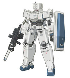  beam_rifle energy_gun gun gundam gundam_08th_ms_team gundam_ez8 holding holding_gun holding_shield holding_weapon kuroboshi_kouhaku looking_ahead mecha mobile_suit no_humans radio_antenna redesign robot shield solo standing weapon white_background 