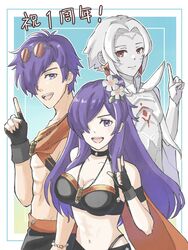  1boy 1other abs arval_(fire_emblem) bikini black_bikini black_gloves bracelet capelet collarbone commentary_request earrings eyewear_on_head female fire_emblem fire_emblem:_three_houses fire_emblem_heroes fire_emblem_warriors:_three_hopes flower gloves hair_bun hair_flower hair_ornament hair_over_one_eye halterneck highres index_finger_raised jewelry long_hair looking_at_viewer navel necklace official_alternate_costume pale_skin purple_eyes purple_hair red_eyes shez_(female)_(fire_emblem) shez_(female)_(summer)_(fire_emblem) shez_(fire_emblem) shez_(male)_(fire_emblem) shez_(male)_(summer)_(fire_emblem) short_hair smile sunglasses swimsuit tea6043 teeth white_flower white_hair 