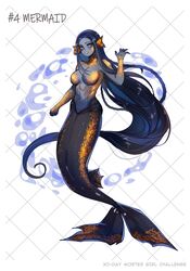  abs awee blue_eyes blue_hair breasts collarbone colored_skin female fins forehead grey_skin head_fins head_tilt highres looking_at_viewer medium_breasts mermaid monster_girl navel open_hand original scales smile solo water 