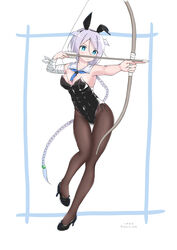  aiming animal_ears arrow_(projectile) bandages black_footwear black_leotard blue_eyes blue_neckerchief bow_(weapon) braid breasts brown_pantyhose cleavage commentary_request detached_collar fake_animal_ears female full_body grey_hair hair_flaps high_heels highres holding holding_arrow holding_bow_(weapon) holding_weapon kantai_collection leotard long_hair looking_at_viewer medium_breasts neckerchief one_eye_closed pantyhose playboy_bunny rabbit_ears saburou_hiji single_braid solo standing strapless strapless_leotard tail umikaze_(kancolle) umikaze_kai_ni_(kancolle) very_long_hair weapon white_background 